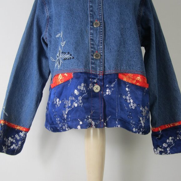 Vtg Chicos 1 Women M Blue Denim Jacket Red Gold Floral Embroidered Pewter Button - Picture 7 of 12